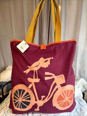 Fossil Burgundy Canvas Tote with Peach Bicycle Print and Mustard Handles